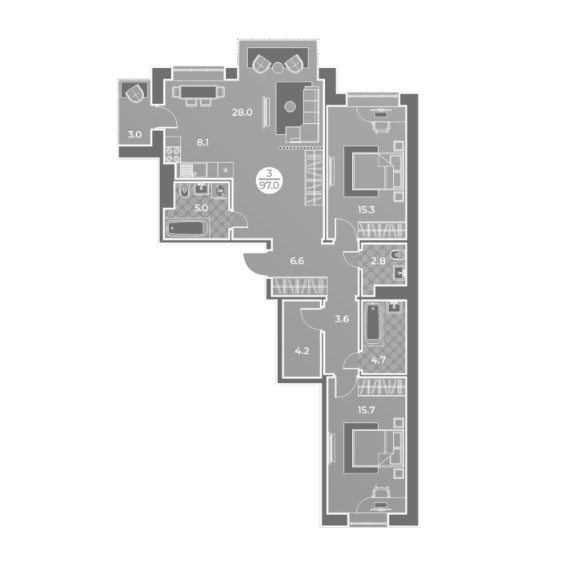 3-комнатная квартира 97кв.м.Генерала Тихонова 7