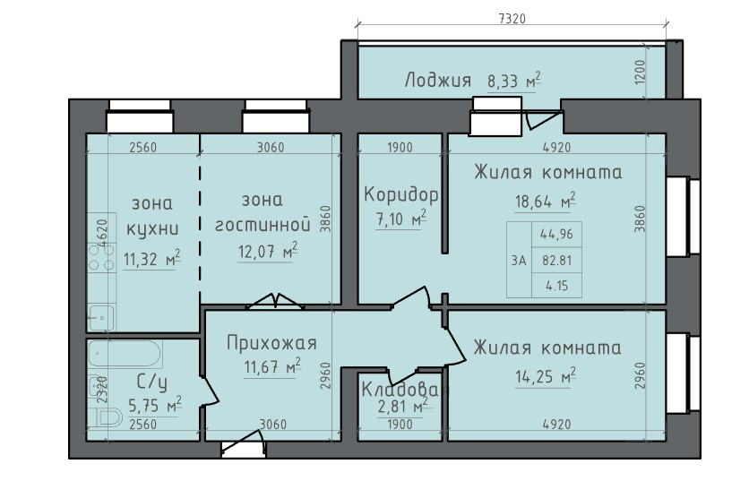 3-комнатная квартира 86,96кв.м. Авиаторов 1Е