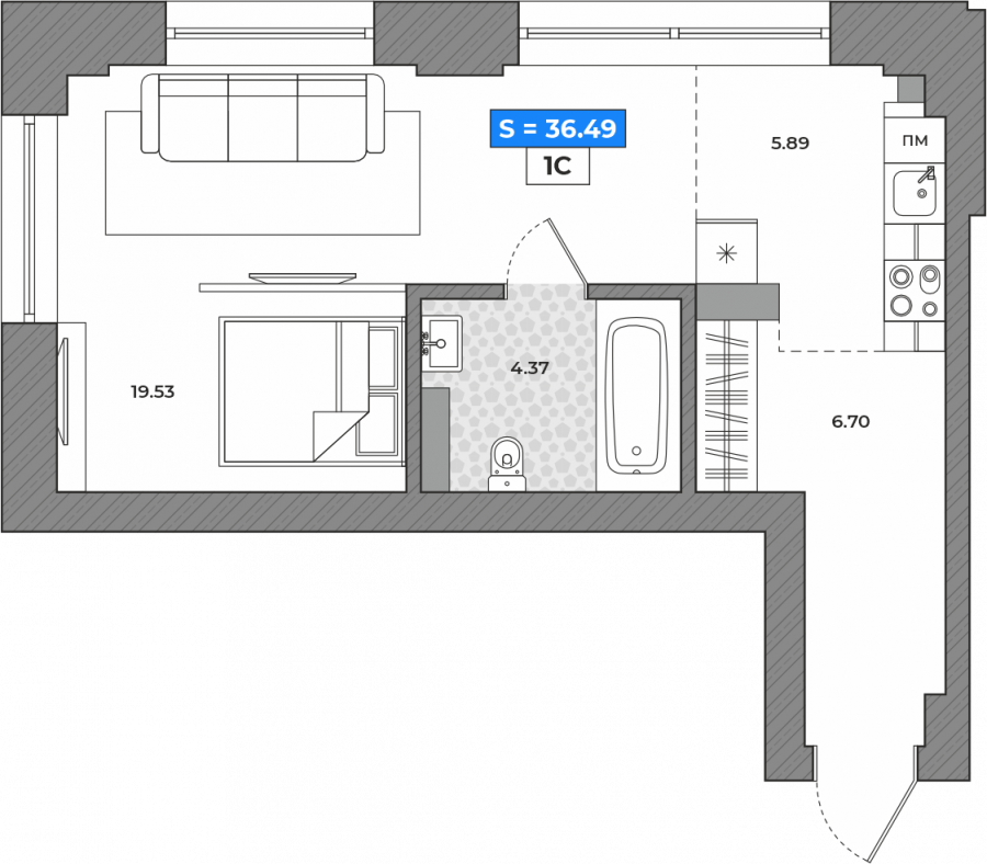 1-комнатная квартира 36,49кв.м. Небесные грани, Полярный