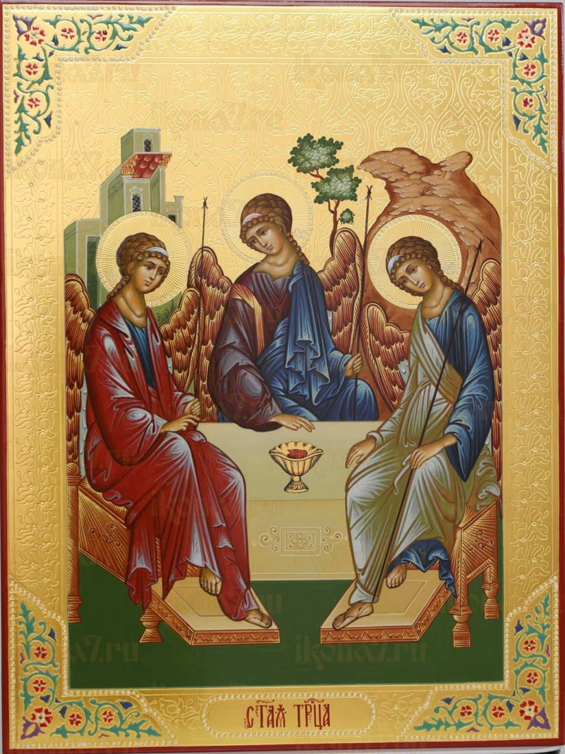 Рукописная Икона Троица 30х40 см (Мстеры, сусальное золото и чеканка)