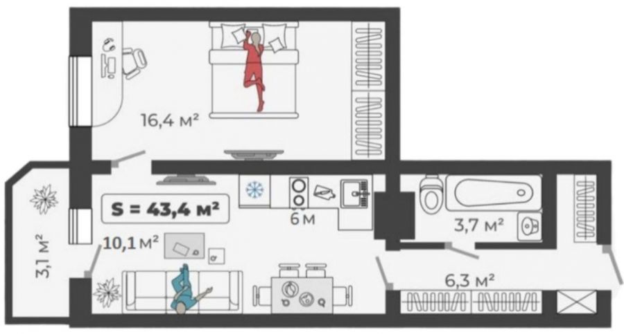1-комнатная квартира 43,4кв.м. Минусинск, Трегубенко 65
