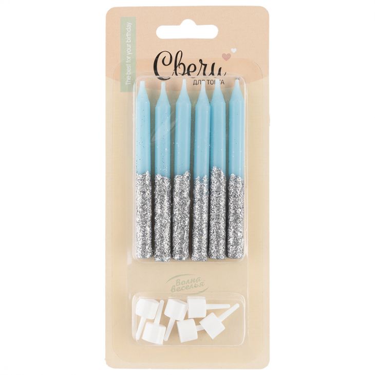Свечи Сверкающий глиттер, Голубой/Серебро, с блестками, 0,77*8 см, 6 шт
