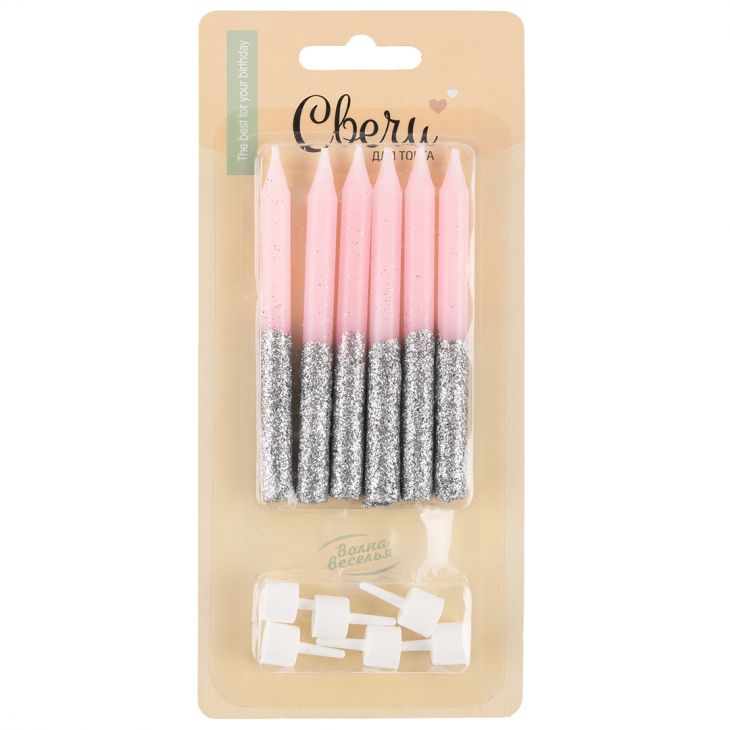 Свечи Сверкающий глиттер, Розовый/Серебро, с блестками, 0,77*8 см, 6 шт