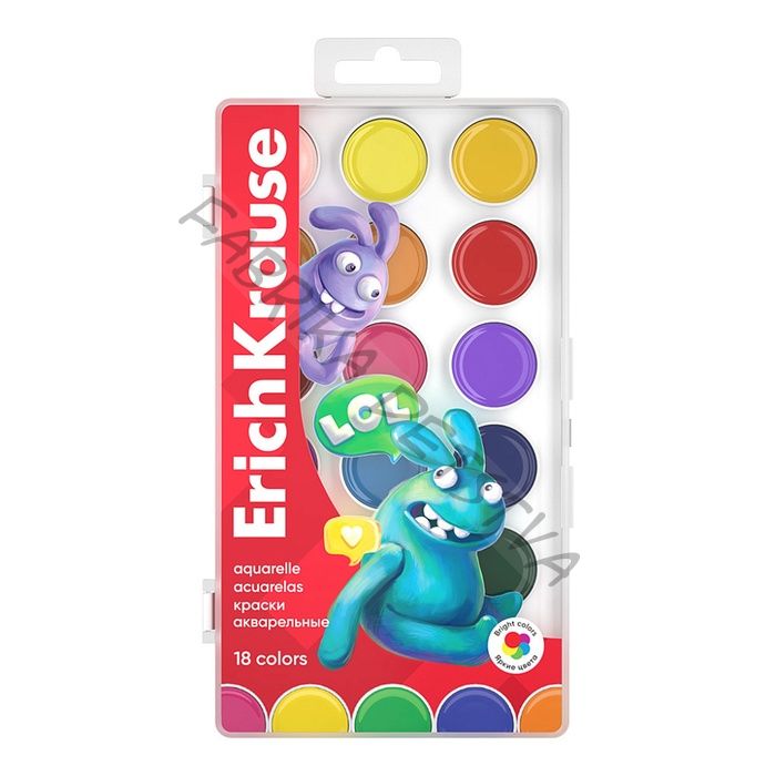 Акварель 18 цветов, ErichKrause Jolly Friends, без кисти, пластиковая коробка, европодвес