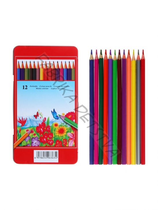 Карандаши цветные акварельные 12 цветов, корпус деревянный, шестигранные, в металлической коробке