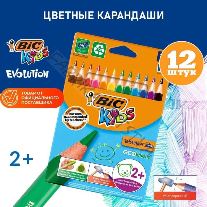 Карандаши цветные 12 цветов, детские, утолщённые, трёхгранные, BIC Kids Evolution Triangle, пластиковые, премиум, картонная упаковка
