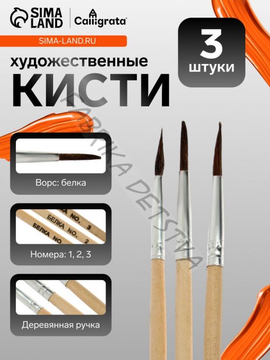 Набор кистей для рисования, белка, 3 штуки: № 1, 2, 3, круглые, деревянная ручка, международный размер