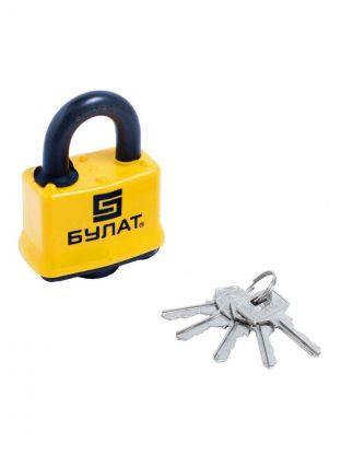 Замок навесной Булат, ВС 0350, 13 455, блистер, цилиндровый, всепогодный, желтый, 62 мм, 5 ключей