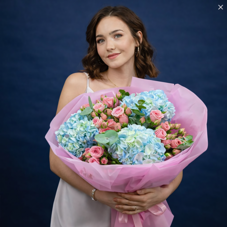 Букет из голубых гортензий и кустовых роз