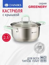 Кастрюля нержавеющая сталь, 2.5 л, крышка стекло, силиконовые ручки мятные, Daniks, Гринери, SD-23-18-2, индукция