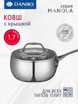 Ковш нержавеющая сталь, 1.7 л, крышка стекло, индукция, Daniks, Manola, CW-T078-16