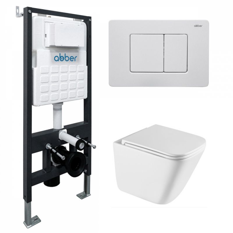 Комплект подвесной унитаз ABBER Rechteck AC1219TC белый, AC1219TC-AC0105-AC0120MW белая матовая
