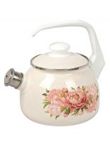 Чайник сталь, эмалированное покрытие, 2.5 л, со свистком, с кнопкой, ЛЗЭП, Букет пионов, индукция, белый, С-2711АП/4ЖмРч