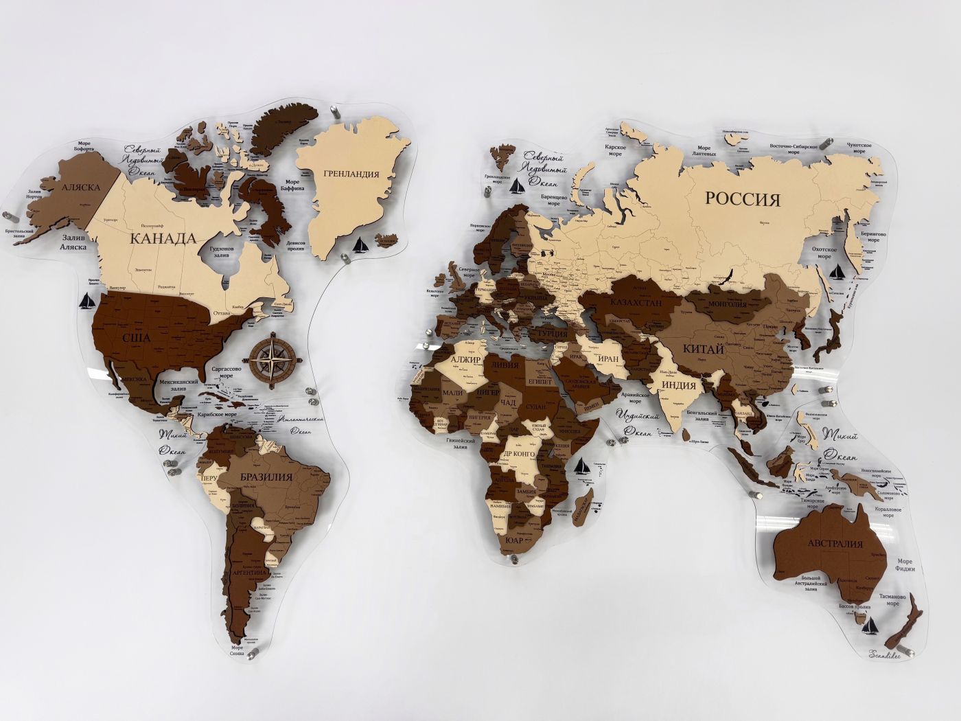 Цвет "Бухарест", ПРОБКОВАЯ МНОГОУРОВНЕВАЯ карта мира на подложке из орг. стекла