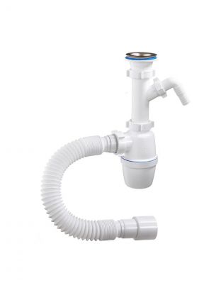 Сифон для мойки, 1" 1/2, 40х40/50, полипропилен, с выпуском, с отводом, с гофрой, Orio, А-40059