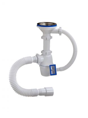 Сифон для мойки, 3" 1/2, 40х40/50, с выпуском, с переливом, прямоугольный перелив, с гофрой, Orio, А-40079