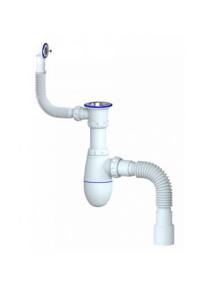 Сифон для мойки, 1" 1/2, 40х40/50, пластик, с выпуском, с переливом, круглый перелив, Unicorn, В423