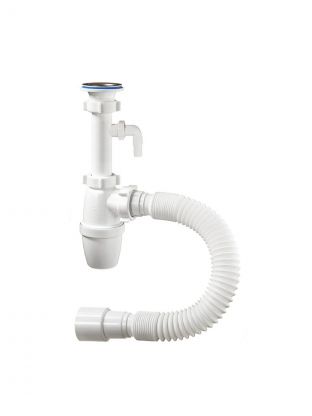 Сифон для мойки, 1" 1/4, 40х40/50, с выпуском, с отводом, с гофрой, удлиненный, Orio, А-32079