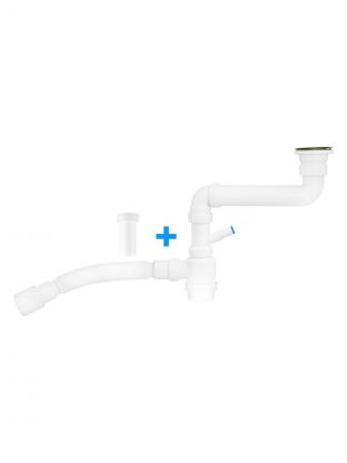 Сифон для мойки, 1 1/2"х40, с выпуском, 2 в 1, (выпуск с нержавеющей решеткой, с отводом для стиральной машины), с гибкой трубой 40х40/50, ИС.110635