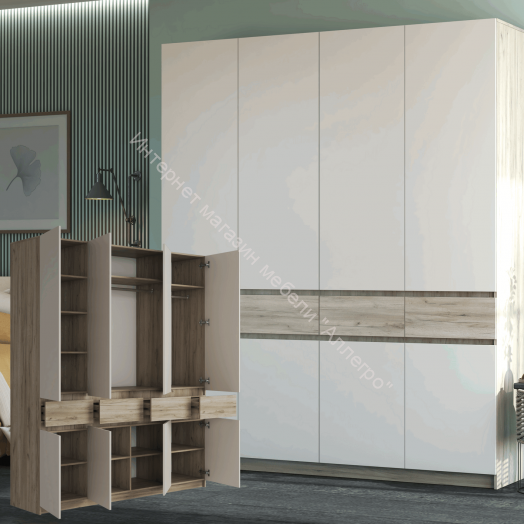 Шкаф 4-х створчатый ШК-004 "Бостон" Дуб крафт серый/Кашемир