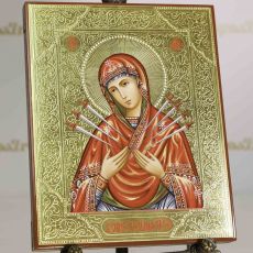 Рукописная икона Семистрельная образ Божией Матери 17х21 см (сусальное золото и чеканка)