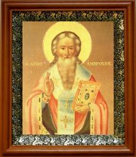 Икона Амвросий Медиоланский в киоте с басмой Виноградная Лоза (UV-печать)(30051)