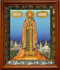 Икона Андрей Боголюбский в киоте с басмой Виноградная Лоза (UV-печать)(30073)