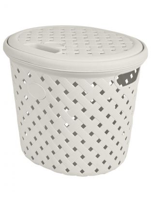 Корзина для белья, 14 л, 28х28х32.5 см, овальная, пластик, молочный туман, с крышкой, Plast team, Rattan, PT4088