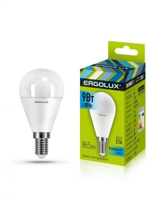 Лампа светодиодная E14, 9 Вт, 80 Вт, 220 В, шар, 4000 К, нейтральный белый свет, Ergolux, 13174