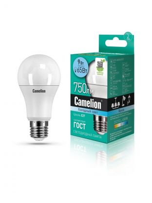Лампа светодиодная E27, 9 Вт, 65 Вт, 220 В, груша, 4500 К, нейтральный белый свет, Camelion, 12044