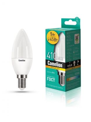 Лампа светодиодная E14, 5 Вт, 45 Вт, 220 В, свеча, 3000 К, теплый белый свет, Camelion, 12031