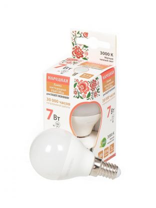 Лампа светодиодная E14, 7 Вт, 55 Вт, шар, 3000 К, теплый белый свет, TDM Electric, Народная, SQ0340-0185