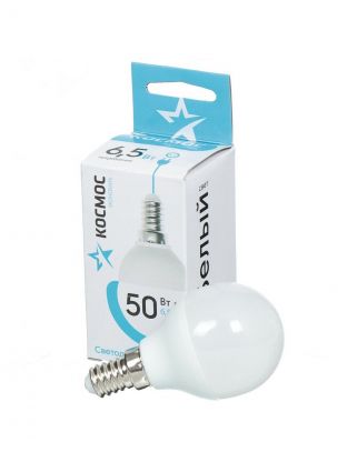 Лампа светодиодная E14, 6.5 Вт, 50 Вт, шар, 4500 К, нейтральный белый свет, Космос, Basic, LkecLED6.5wGL45E1445