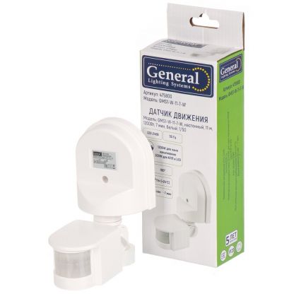 Датчик движения настенный, 1200 Вт, 5-420 с, 11 м, IP44, белый, General Lighting Systems, GMS1-W-11-7-W, 475 800