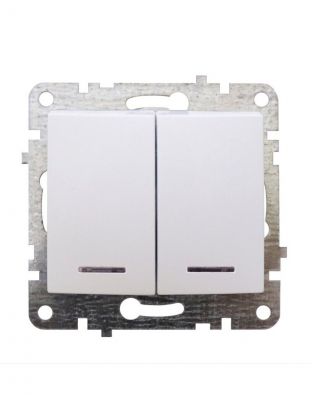 Механизм выключателя скрытой установки, двухклавишный, без заземления, подсветка, белый, Quel Lumina, 4105-0021-90102