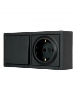 Выключатель и розетка открытой установки, 1 гнездо, одноклавишный, с заземлением, 16 А, 220 В, пластик, IP20, черный, Lezard, Leto, 752-4200-170BAP