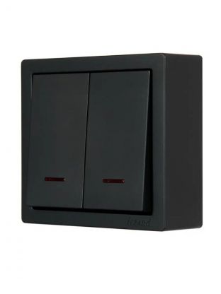 Выключатель открытой установки, двухклавишный, без заземления, 10 А, 220 В, пластик, подсветка, IP20, черный, Lezard, Leto, 752-4200-112