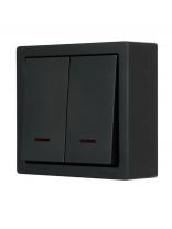 Выключатель открытой установки, двухклавишный, без заземления, 10 А, 220 В, пластик, подсветка, IP20, черный, Lezard, Leto, 752-4200-112