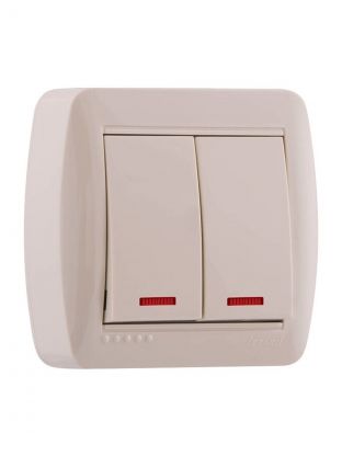 Выключатель открытой установки, двухклавишный, без заземления, пластик, подсветка, кремовый, Lezard, Demet, 711-0300-112