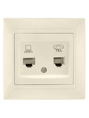 Розетка телефонная + компьютерная скрытой установки, без заземления, кремовая, Ledard, RJ11+RJ45, 6078686