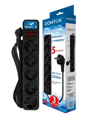 Сетевой фильтр 5 гнезд, 3 м, ПВС, 3х1 мм2, с заземлением, 10 А, выключатель с индикацией, черный, Domtok, 2538