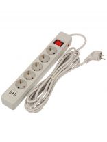 Сетевой фильтр 5 гнезд, 5 м, ПВС, 3х1 мм2, с заземлением, 16 А, +2USB +TYPE C, 3.5 кВт, серый, Jett, 171-505