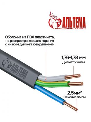 Кабель ВВГ-Пнг(А)-LS, 3х2.5 мм2, 10 м, медь, силовой, негорючий, ГОСТ, черный, Альтема, А000193