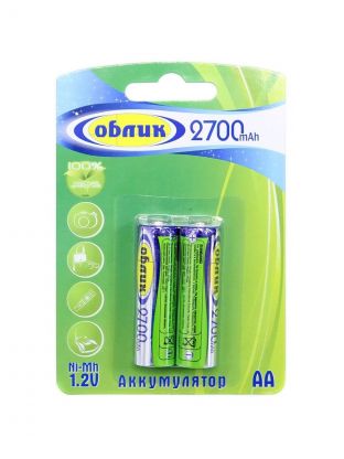 Батарея аккумуляторная 2700 мА·ч, Ni-Mh, АА (LR06, LR6), 2 шт, в блистере, Облик, HR6