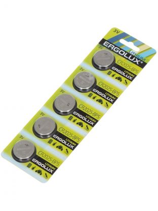 Батарейка Ergolux, CR2025, литиевая, 3 В, блистер, 5 шт, 12050
