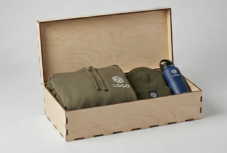 Коробка для мерча: футболка + аксессуары (с логотипом)