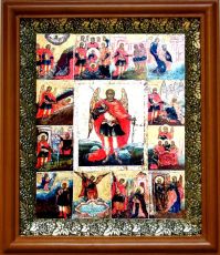 Икона Архангел Михаил с деяниями в киоте с басмой Виноградная Лоза (UV-печать)(30125)