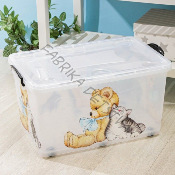 Контейнер для хранения на колёсиках «Мишка и котёнок», 50 л, 60x38x31 см, прозрачный