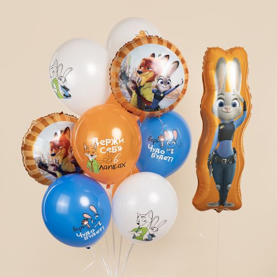 Сет Фонтан Зайчик и Лис оранжевый из шаров с гелием и фигура на грузе.