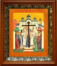 Икона Воздвижение креста Господня в киоте с басмой Виноградная Лоза (UV-печать)(30198)